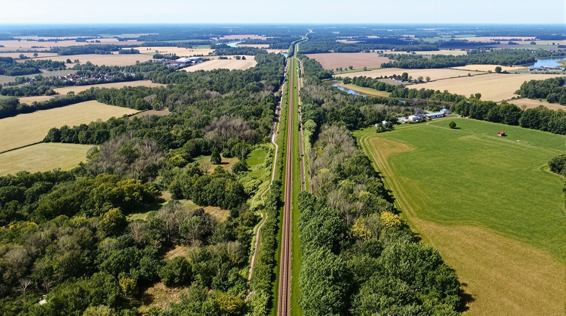An aerial view of a rail corridor cutting a straight green line through a patchwork of fields and woods