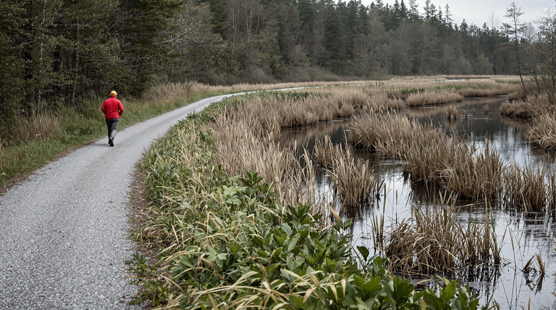 A remote wooded rail-trail through northern New York wetlands near a river, cattails and hardwood forest under soft overcast light